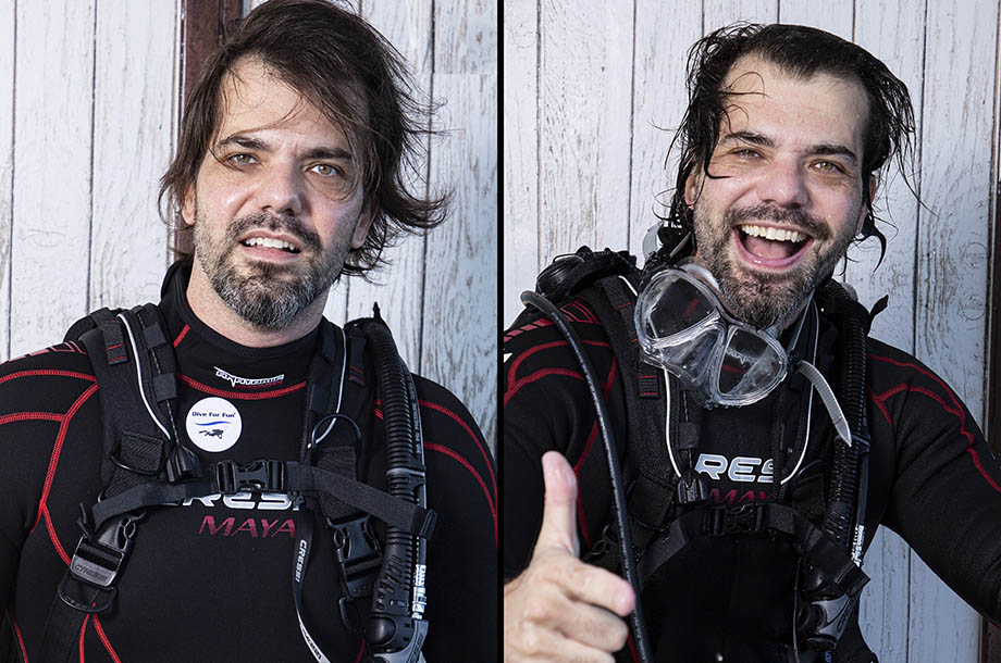 Ensaio de fotos de mergulhadores antes e depois